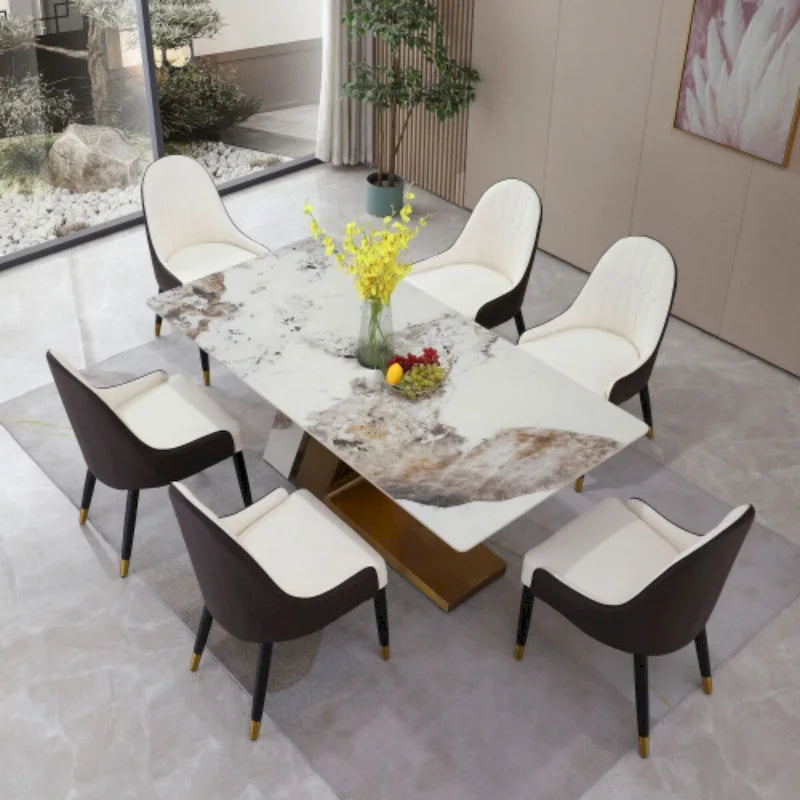 Ensemble table à manger contemporaine en marbre doré de 71 pouces avec 6 chaises