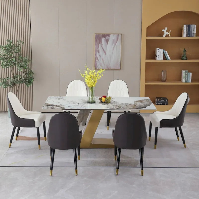 Ensemble table à manger contemporaine en marbre doré de 71 pouces avec 6 chaises