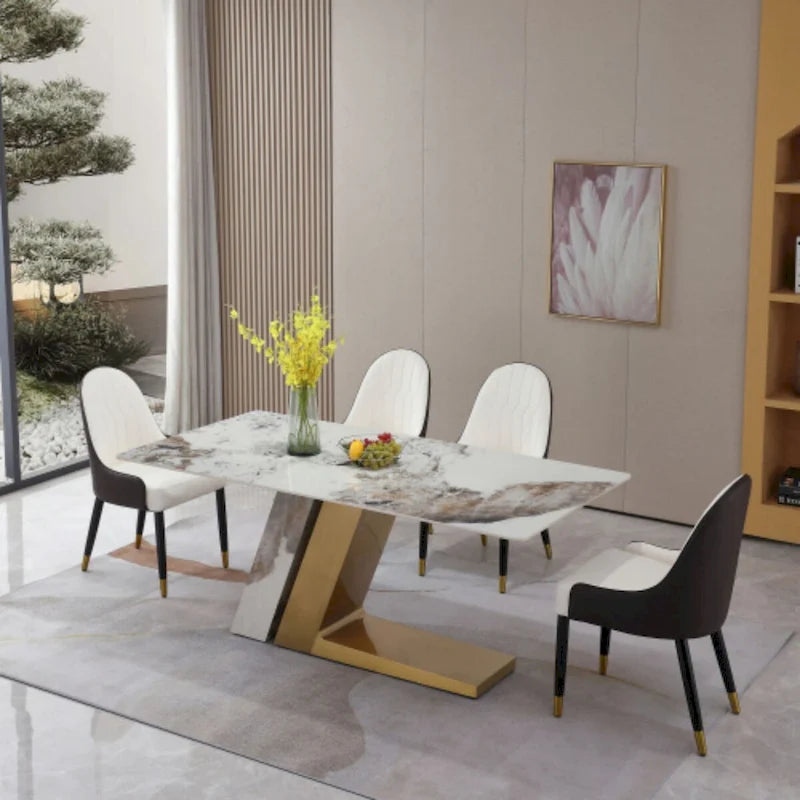 Ensemble table à manger contemporaine en marbre doré de 71 pouces avec 6 chaises