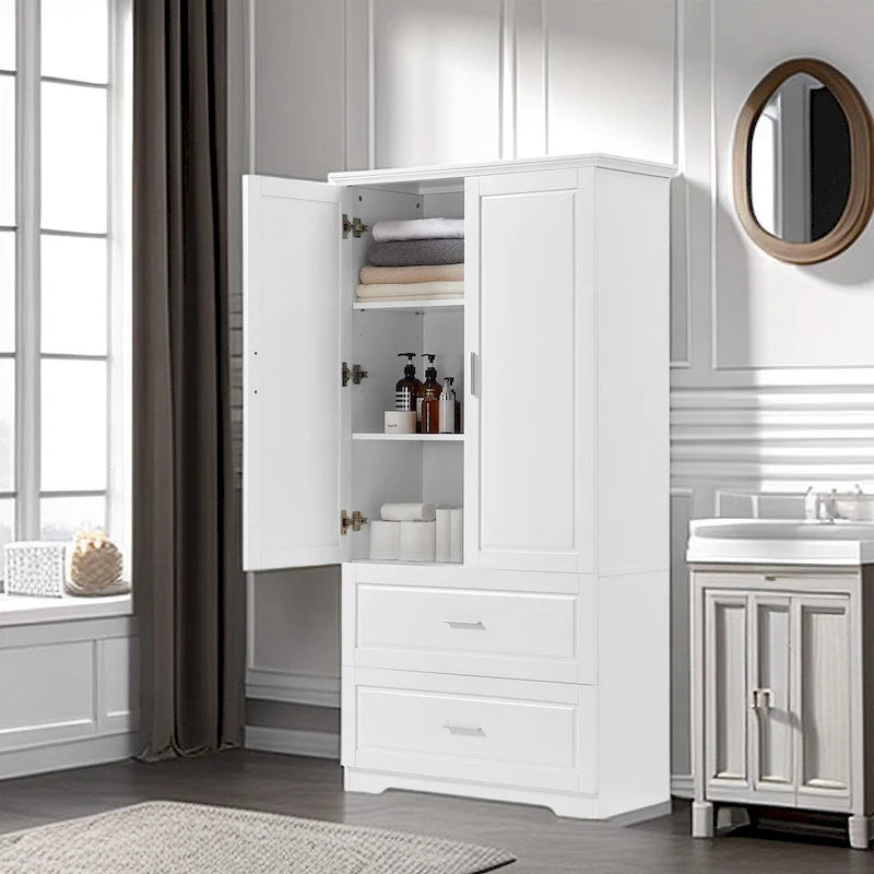 Armoire de rangement de salle de bain haute, avec deux portes et tiroirs, étagère réglable
