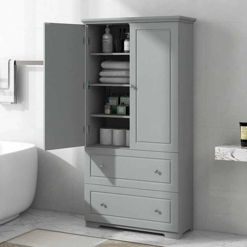 Armoire de rangement de salle de bain haute, avec deux portes et tiroirs, étagère réglable