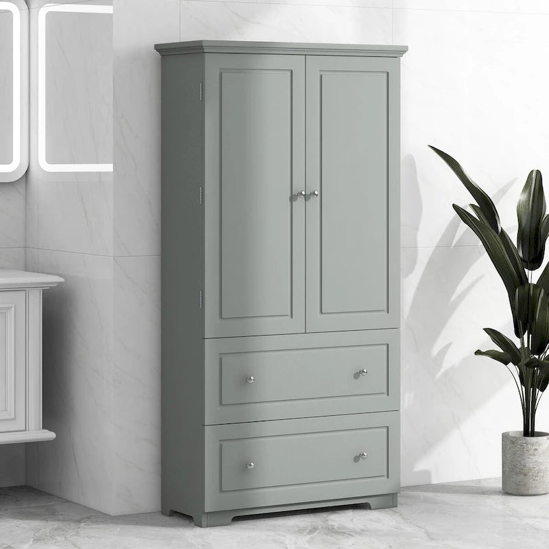 Armoire de rangement de salle de bain haute, avec deux portes et tiroirs, étagère réglable