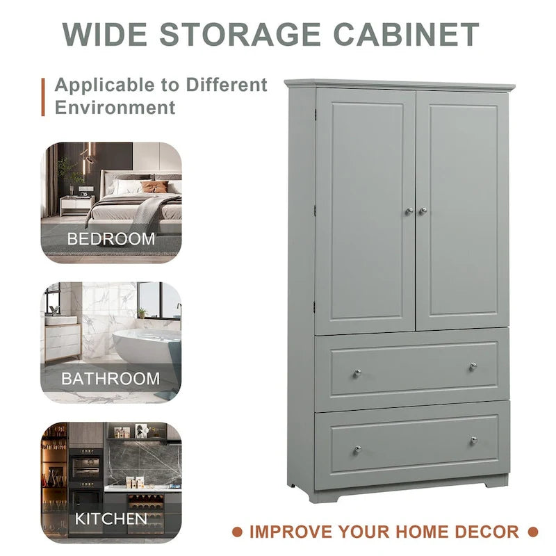 Armoire de rangement de salle de bain haute, avec deux portes et tiroirs, étagère réglable