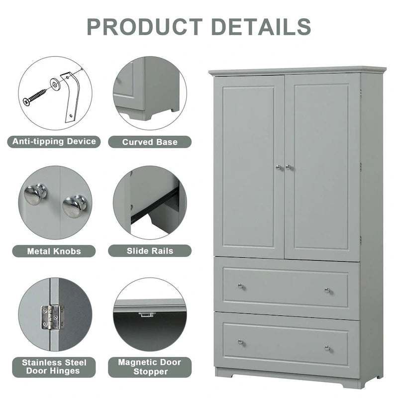 Armoire de rangement de salle de bain haute, avec deux portes et tiroirs, étagère réglable