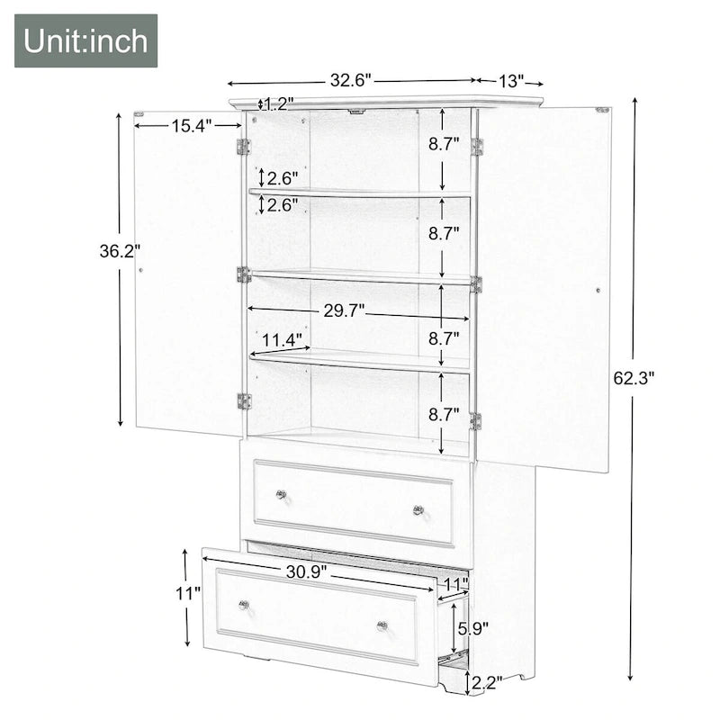Armoire de rangement de salle de bain haute, avec deux portes et tiroirs, étagère réglable