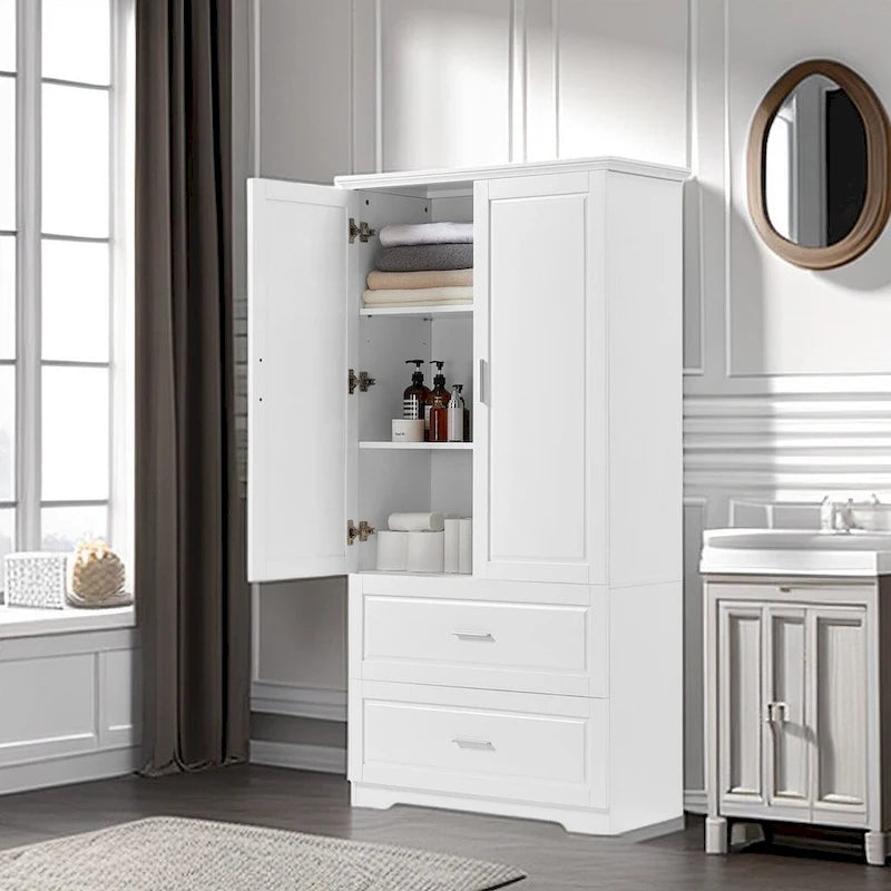 Armoire de rangement de salle de bain haute, avec deux portes et tiroirs, étagère réglable
