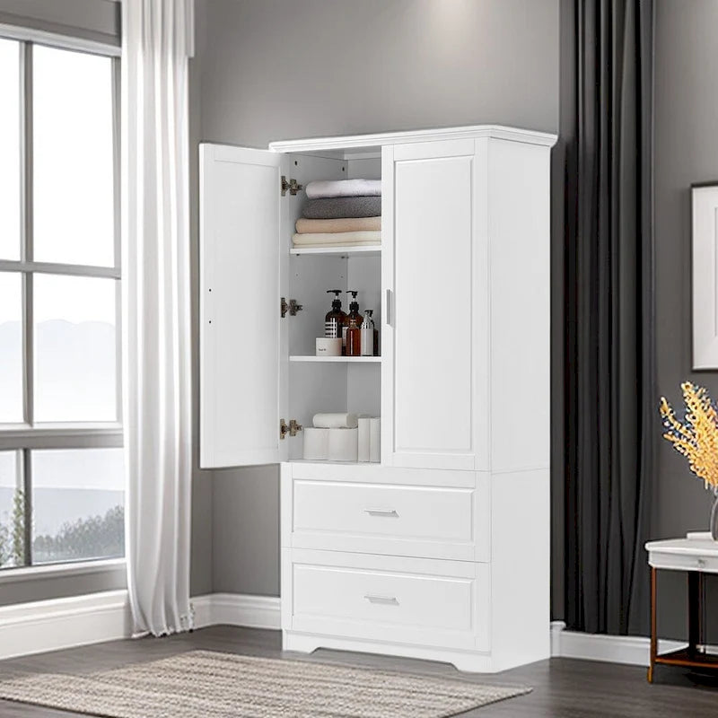 Armoire de rangement de salle de bain haute, avec deux portes et tiroirs, étagère réglable