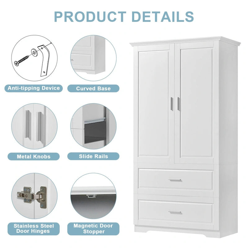 Armoire de rangement de salle de bain haute, avec deux portes et tiroirs, étagère réglable