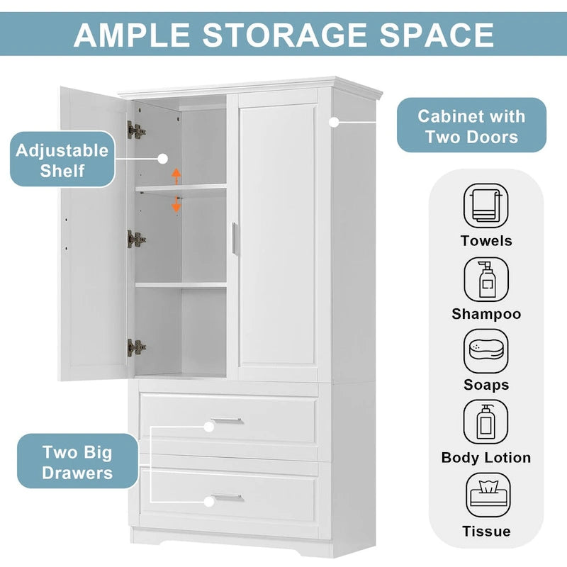Armoire de rangement de salle de bain haute, avec deux portes et tiroirs, étagère réglable