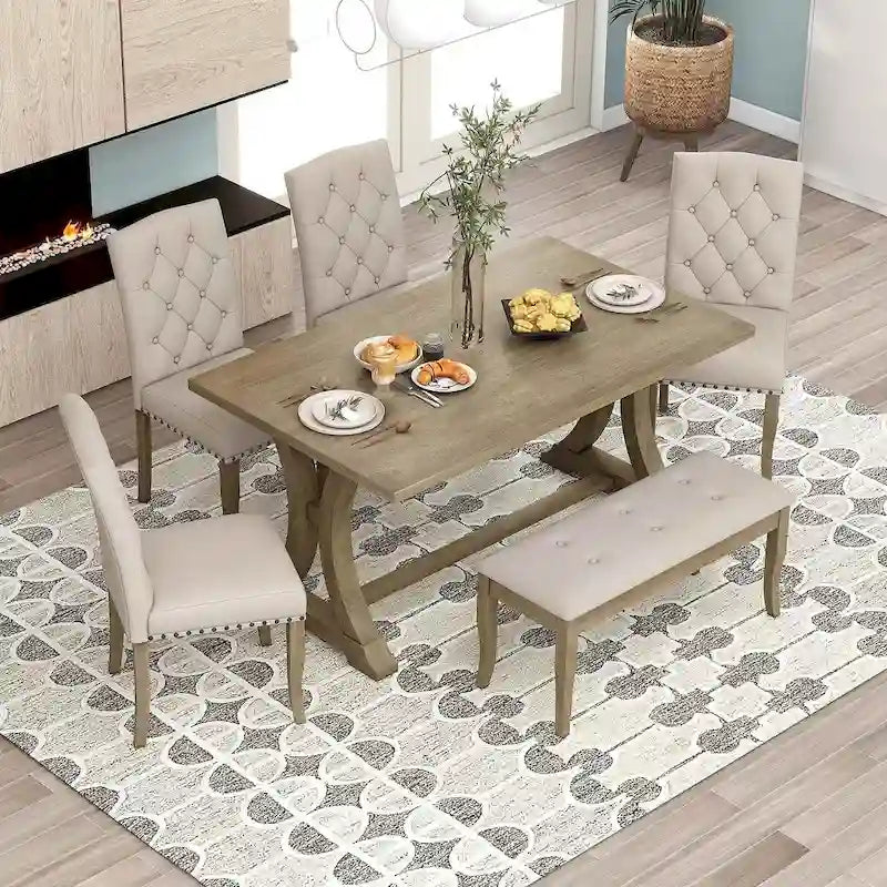 Ensemble de salle à manger de style campagnard 6 pièces pour 6 personnes - Table rectangulaire à tréteaux avec chaises et banc