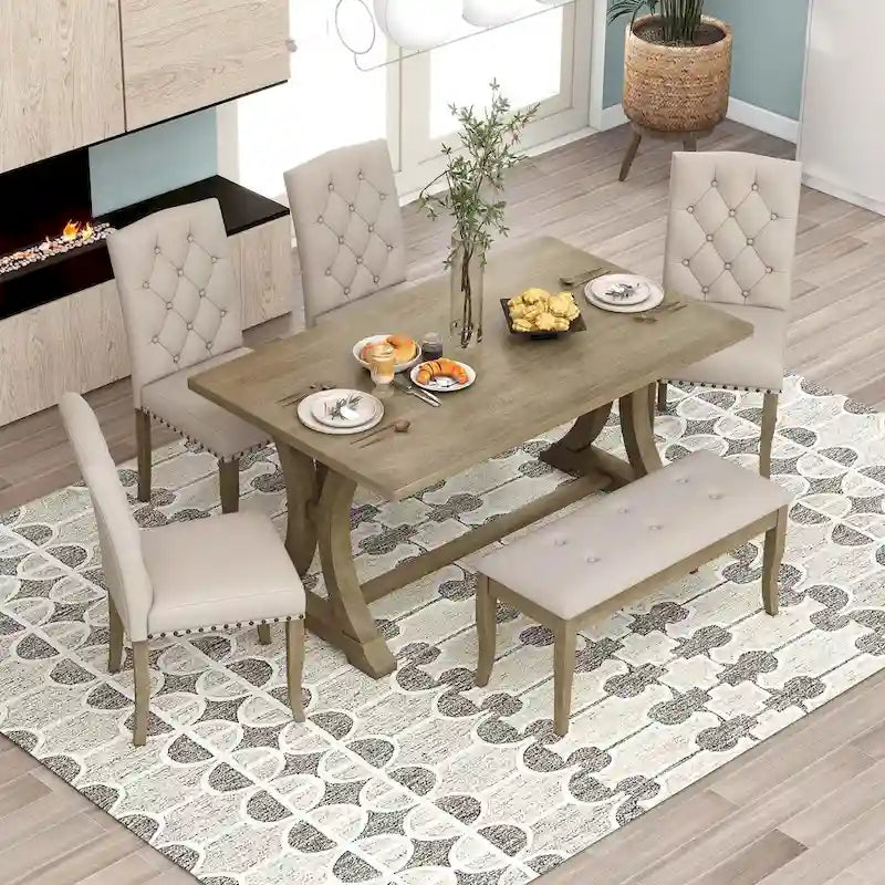 6 PCS Farmhouse Dining Table Set for 6 - Rectangular Trestle Table with Chairs & Bench