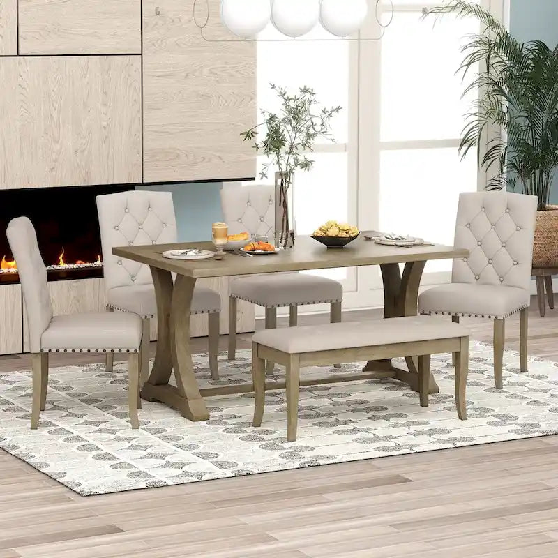 Ensemble de salle à manger de style campagnard 6 pièces pour 6 personnes - Table rectangulaire à tréteaux avec chaises et banc