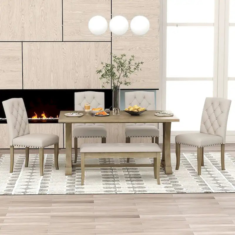 Ensemble de salle à manger de style campagnard 6 pièces pour 6 personnes - Table rectangulaire à tréteaux avec chaises et banc