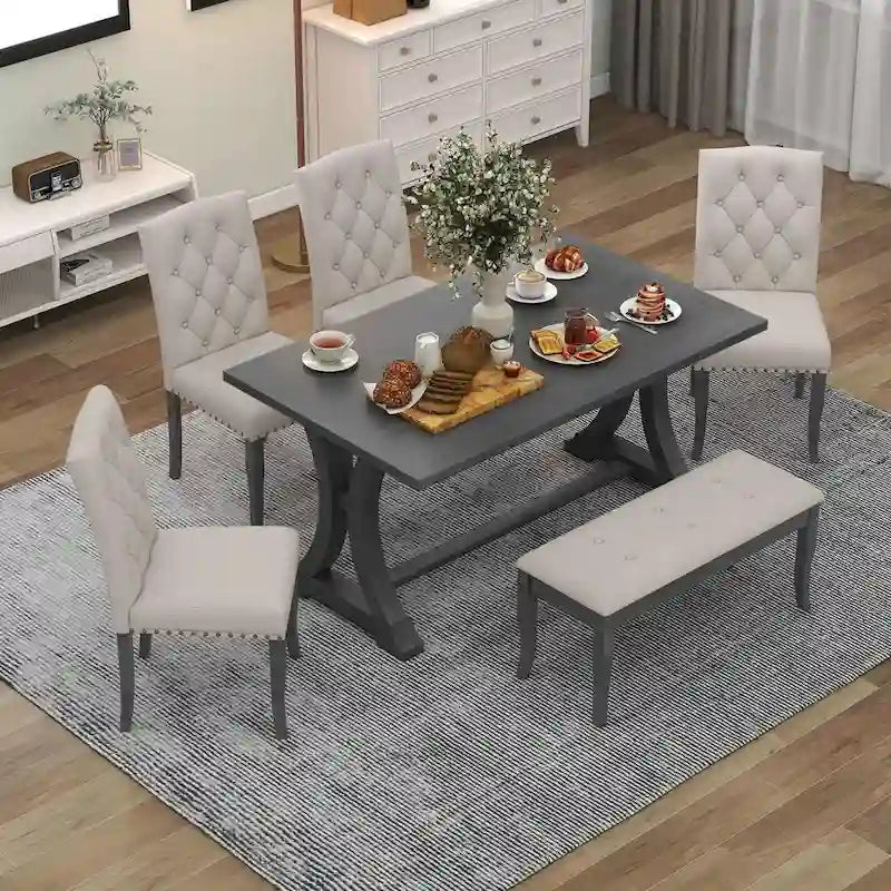 Ensemble de salle à manger de style campagnard 6 pièces pour 6 personnes - Table rectangulaire à tréteaux avec chaises et banc