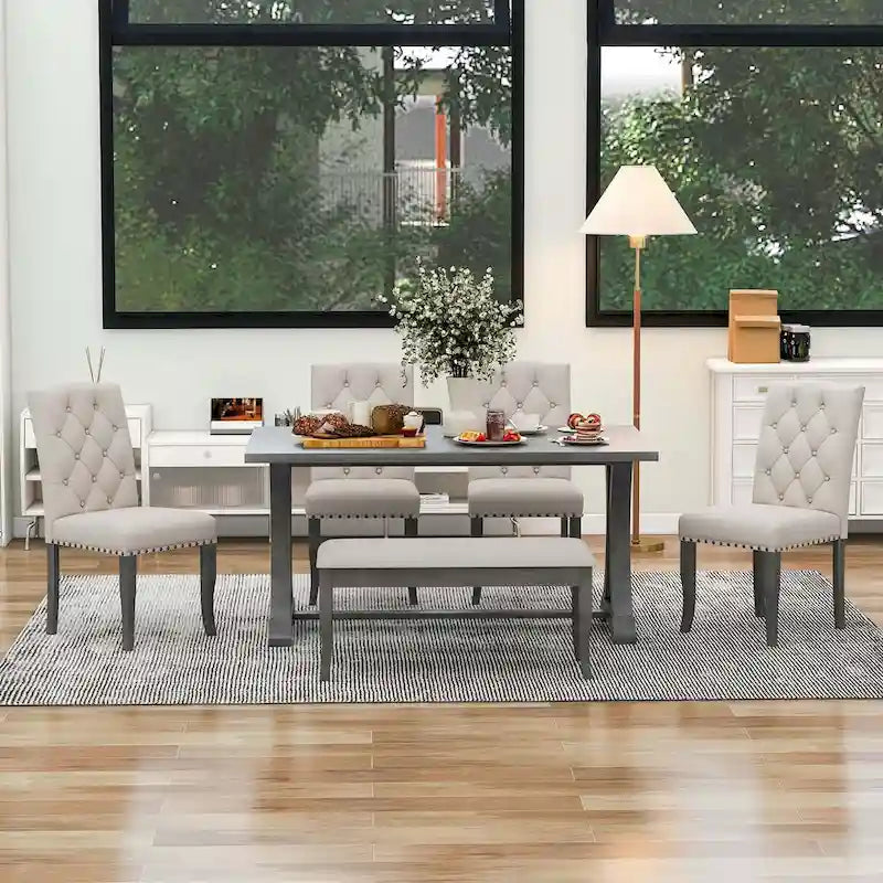 Ensemble de salle à manger de style campagnard 6 pièces pour 6 personnes - Table rectangulaire à tréteaux avec chaises et banc