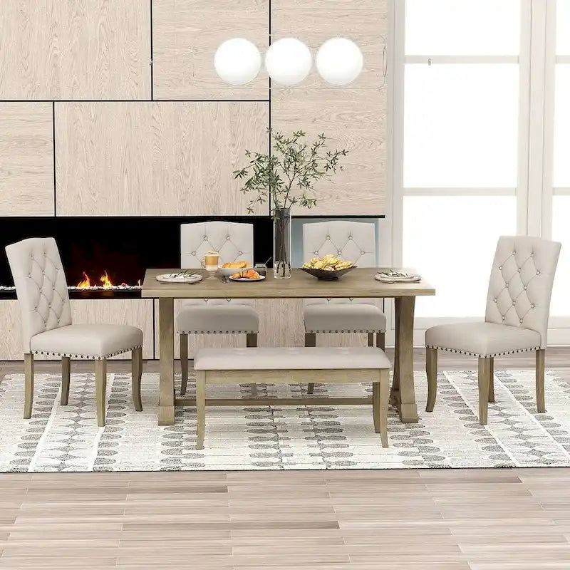 Ensemble de salle à manger de style campagnard 6 pièces pour 6 personnes - Table rectangulaire à tréteaux avec chaises et banc