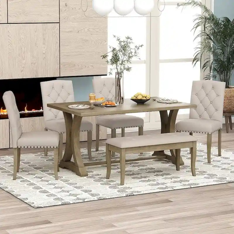 Ensemble de salle à manger de style campagnard 6 pièces pour 6 personnes - Table rectangulaire à tréteaux avec chaises et banc