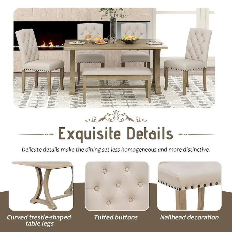 Ensemble de salle à manger de style campagnard 6 pièces pour 6 personnes - Table rectangulaire à tréteaux avec chaises et banc