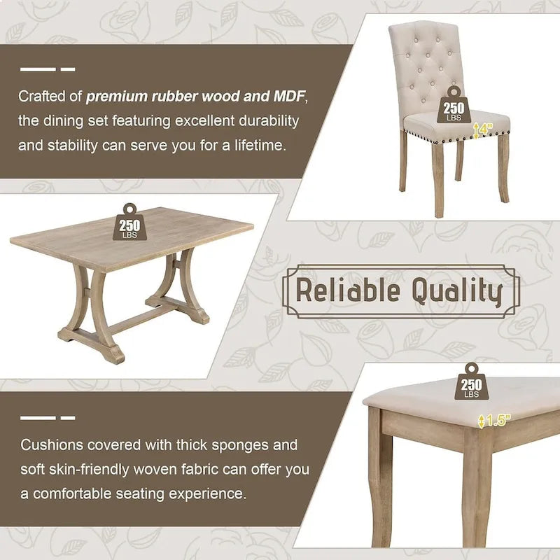 Ensemble de salle à manger de style campagnard 6 pièces pour 6 personnes - Table rectangulaire à tréteaux avec chaises et banc