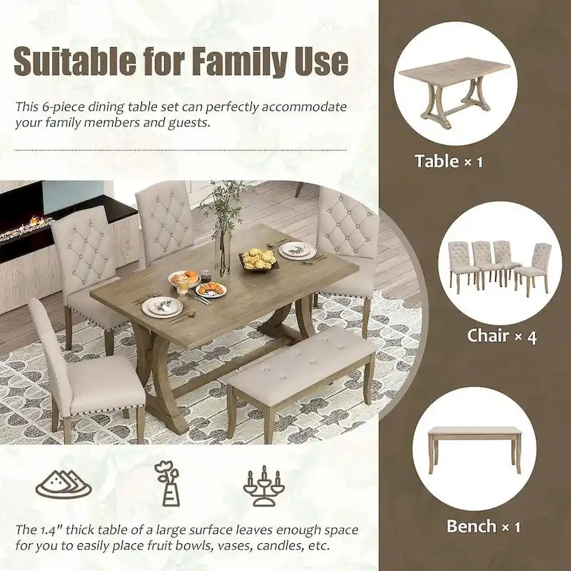 Ensemble de salle à manger de style campagnard 6 pièces pour 6 personnes - Table rectangulaire à tréteaux avec chaises et banc