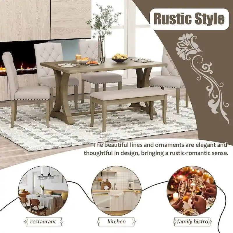 Ensemble de salle à manger de style campagnard 6 pièces pour 6 personnes - Table rectangulaire à tréteaux avec chaises et banc