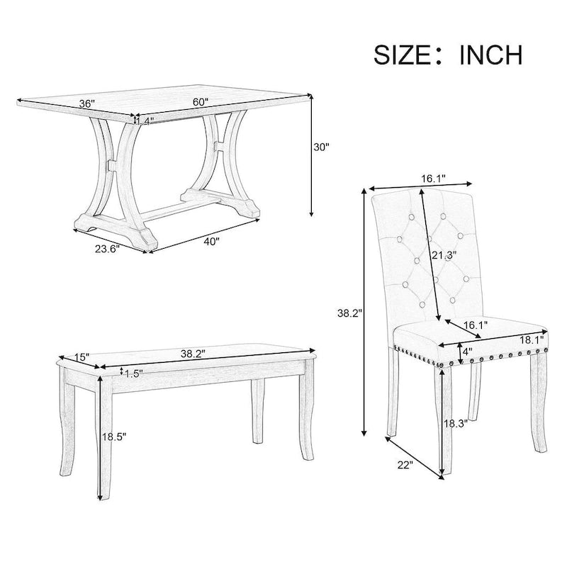 Ensemble de salle à manger de style campagnard 6 pièces pour 6 personnes - Table rectangulaire à tréteaux avec chaises et banc