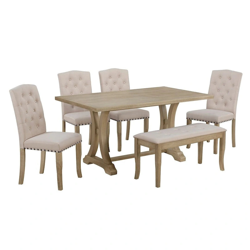 Ensemble de salle à manger de style campagnard 6 pièces pour 6 personnes - Table rectangulaire à tréteaux avec chaises et banc