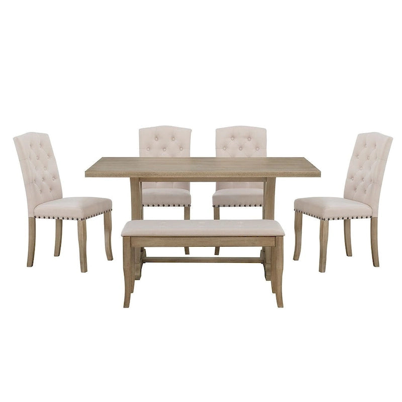 Ensemble de salle à manger de style campagnard 6 pièces pour 6 personnes - Table rectangulaire à tréteaux avec chaises et banc