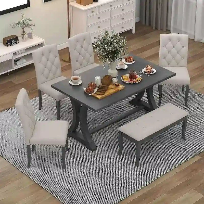 Ensemble de salle à manger de style campagnard 6 pièces pour 6 personnes - Table rectangulaire à tréteaux avec chaises et banc