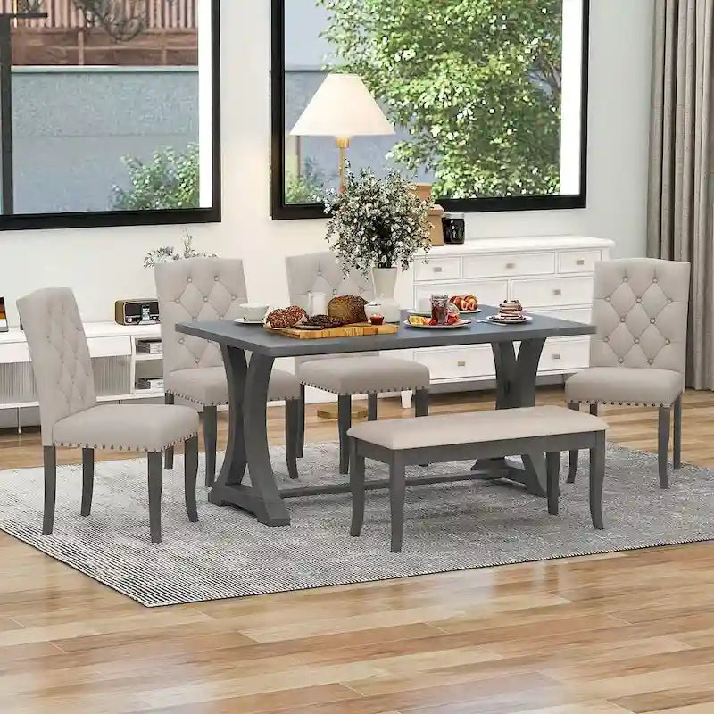Ensemble de salle à manger de style campagnard 6 pièces pour 6 personnes - Table rectangulaire à tréteaux avec chaises et banc
