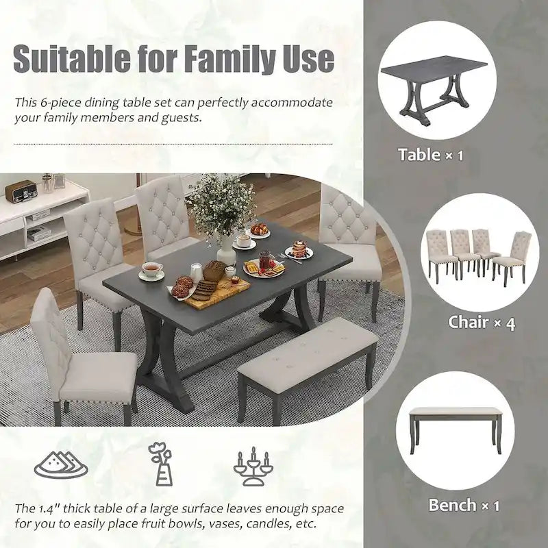 Ensemble de salle à manger de style campagnard 6 pièces pour 6 personnes - Table rectangulaire à tréteaux avec chaises et banc