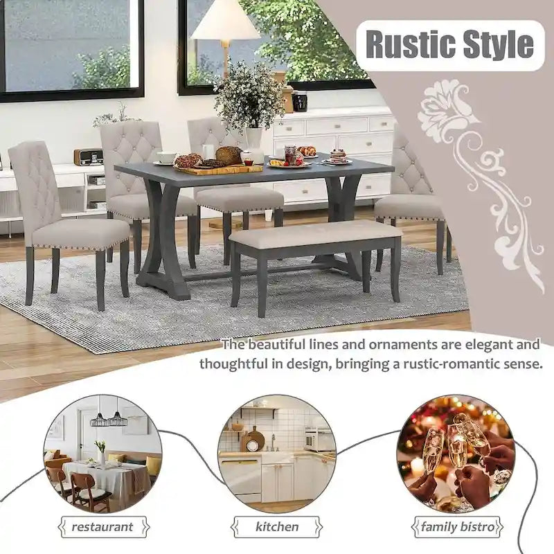 Ensemble de salle à manger de style campagnard 6 pièces pour 6 personnes - Table rectangulaire à tréteaux avec chaises et banc