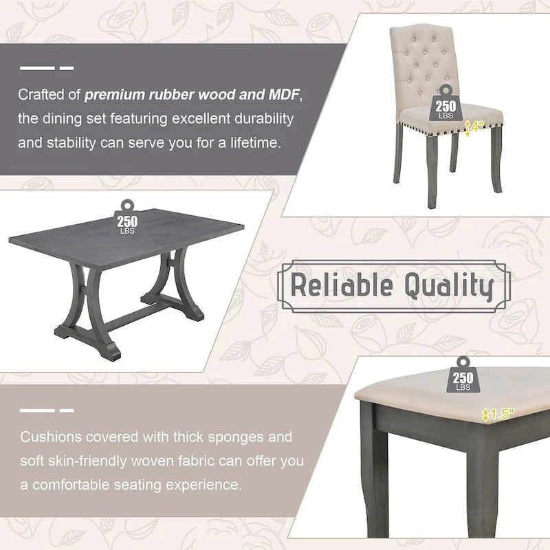 Ensemble de salle à manger de style campagnard 6 pièces pour 6 personnes - Table rectangulaire à tréteaux avec chaises et banc