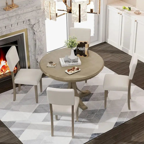 5 PCS Retro Round Dining Table Set for 4 with 4 Upholstered Chairs