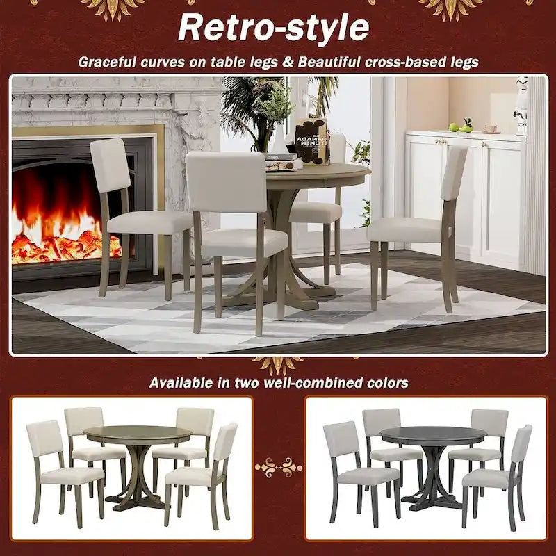 Ensemble de salle à manger rond rétro 5 pièces pour 4 personnes avec 4 chaises rembourrées