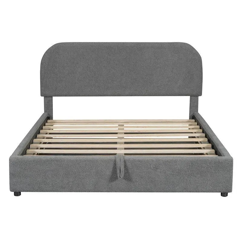 Lit plateforme rembourré en polaire Teddy, format Queen, avec système de rangement hydraulique