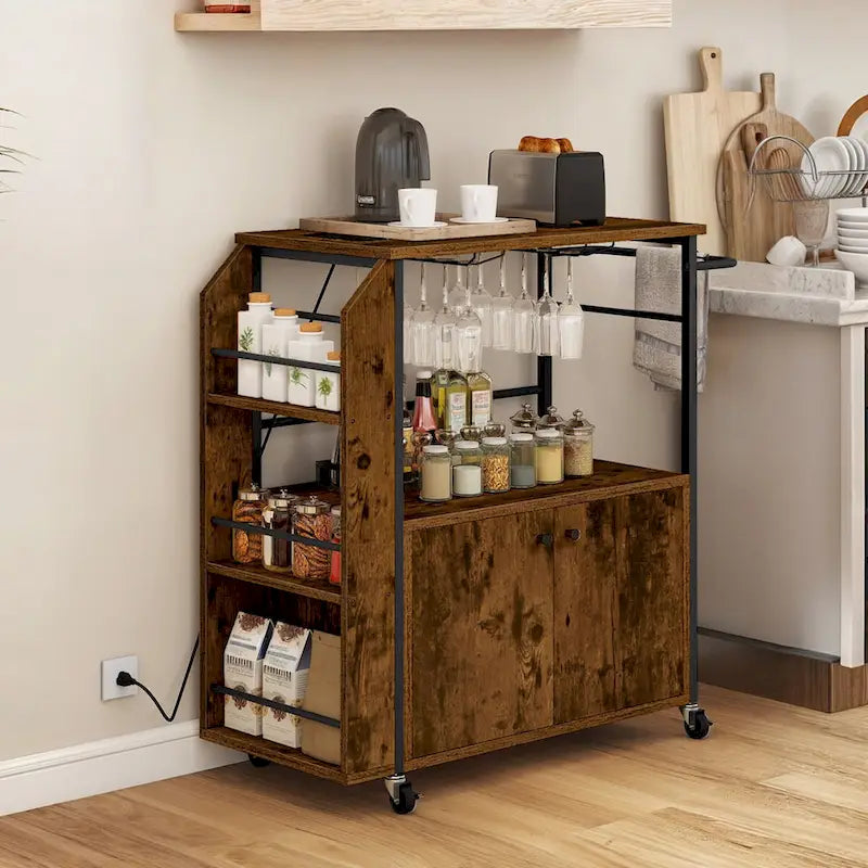 Chariot de cuisine mobile à roulettes avec étagère de rangement et prise électrique