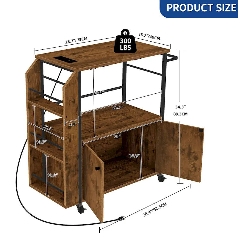 Chariot de cuisine mobile à roulettes avec étagère de rangement et prise électrique