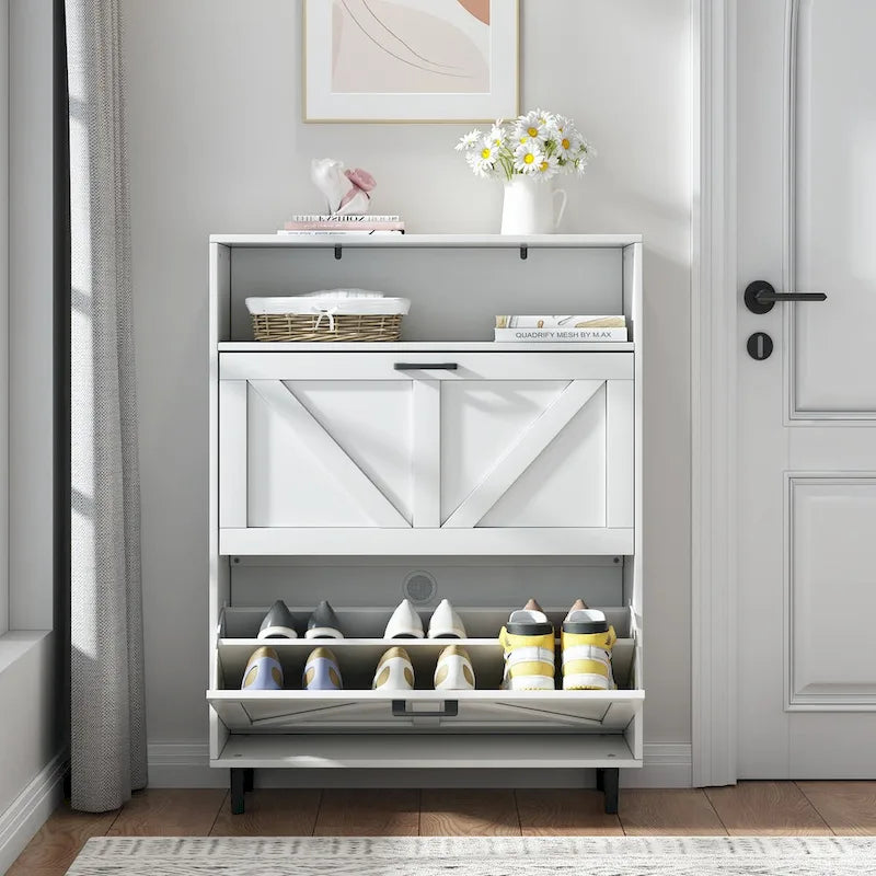 Meuble à chaussures avec portes coulissantes style grange, organisateur de chaussures avec 2 tiroirs rabattables, meuble à chaussures étroit autoportant