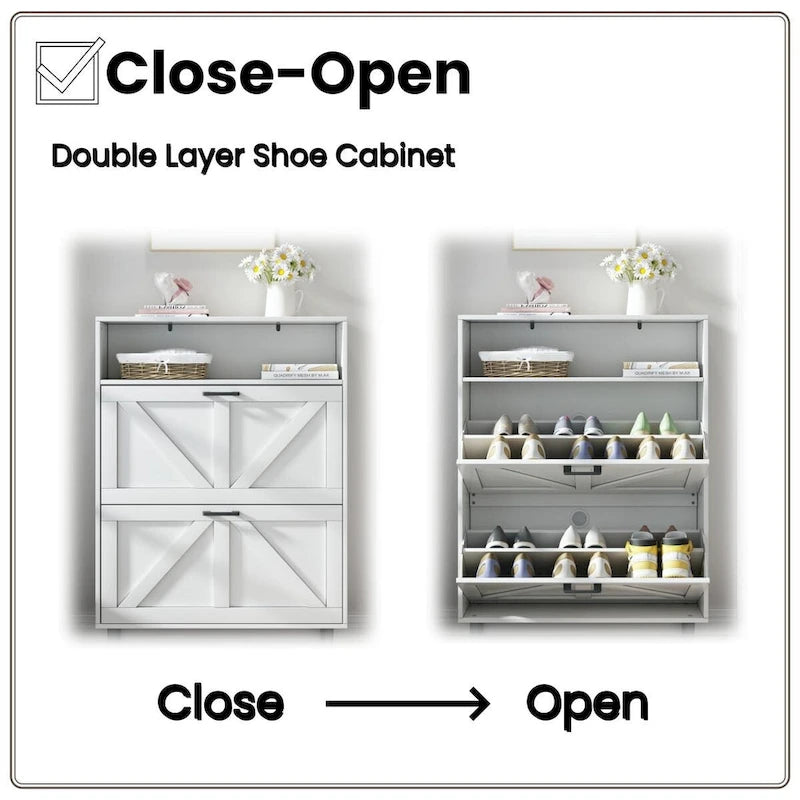 Meuble à chaussures avec portes coulissantes style grange, organisateur de chaussures avec 2 tiroirs rabattables, meuble à chaussures étroit autoportant