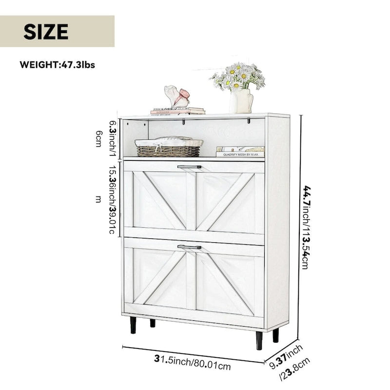 Meuble à chaussures avec portes coulissantes style grange, organisateur de chaussures avec 2 tiroirs rabattables, meuble à chaussures étroit autoportant