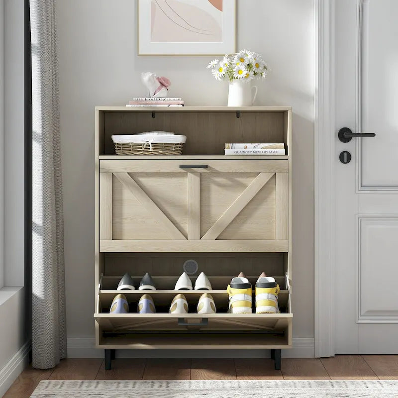 Meuble à chaussures avec portes coulissantes style grange, organisateur de chaussures avec 2 tiroirs rabattables, meuble à chaussures étroit autoportant