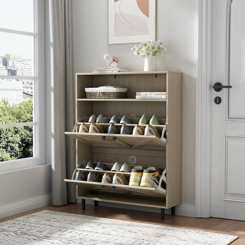 Meuble à chaussures avec portes coulissantes style grange, organisateur de chaussures avec 2 tiroirs rabattables, meuble à chaussures étroit autoportant