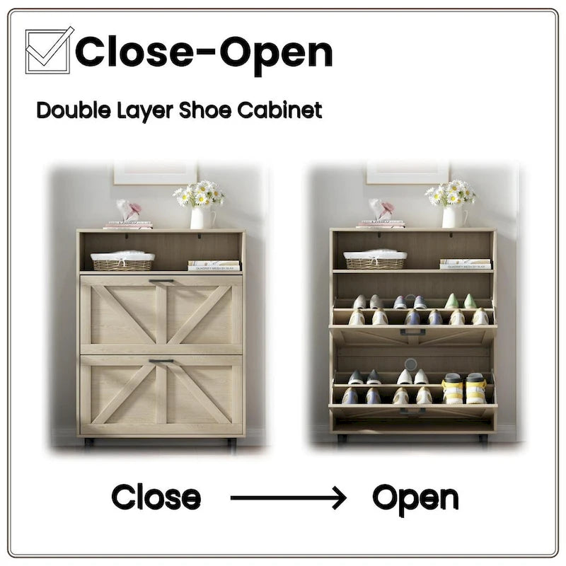 Meuble à chaussures avec portes coulissantes style grange, organisateur de chaussures avec 2 tiroirs rabattables, meuble à chaussures étroit autoportant
