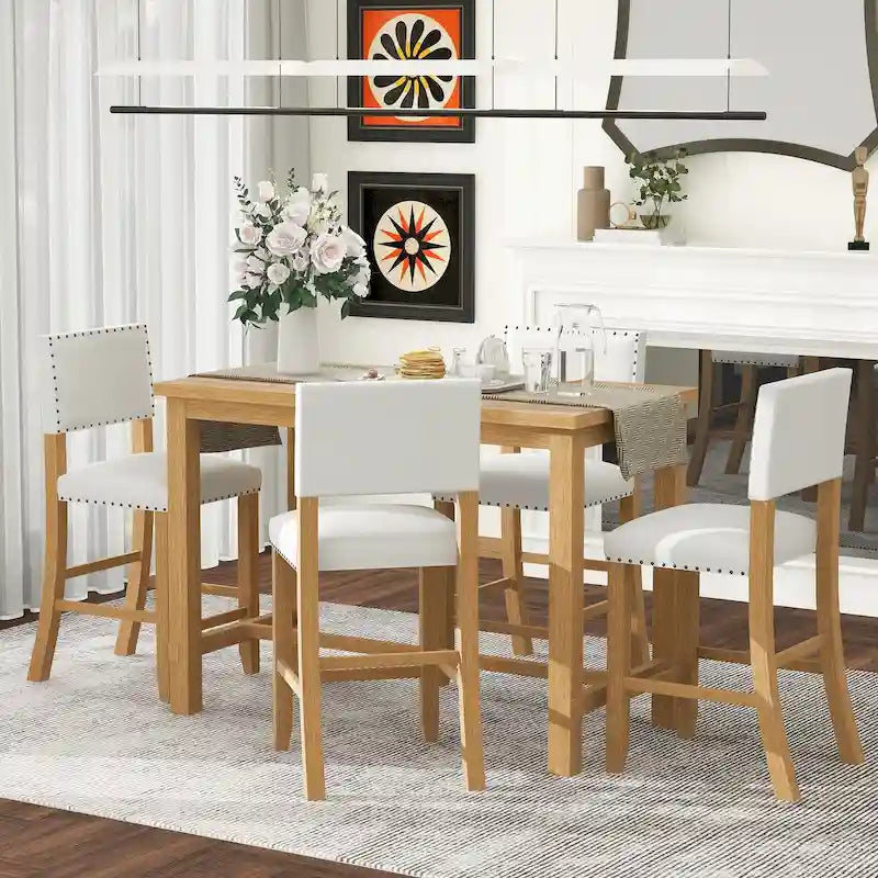 Ensemble de salle à manger 5 pièces, hauteur comptoir, table classique et élégante et 4 chaises en bois naturel lavé