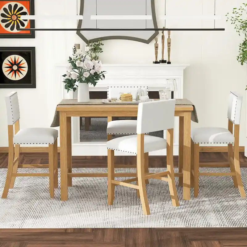 Ensemble de salle à manger 5 pièces, hauteur comptoir, table classique et élégante et 4 chaises en bois naturel lavé