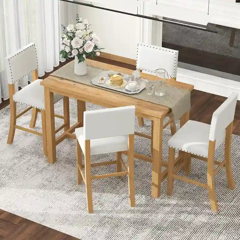 Ensemble de salle à manger 5 pièces, hauteur comptoir, table classique et élégante et 4 chaises en bois naturel lavé