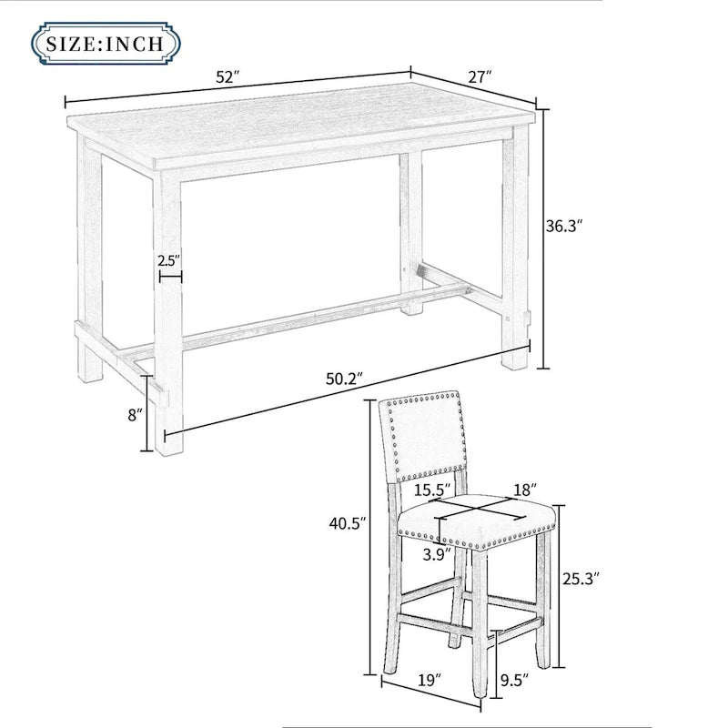 Ensemble de salle à manger 5 pièces, hauteur comptoir, table classique et élégante et 4 chaises en bois naturel lavé