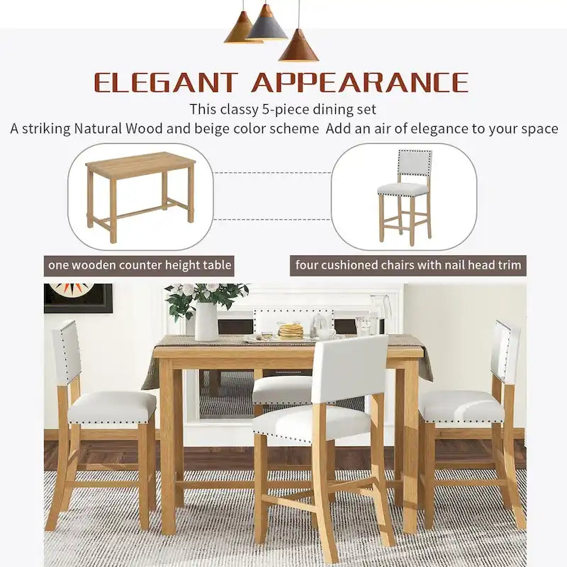 Ensemble de salle à manger 5 pièces, hauteur comptoir, table classique et élégante et 4 chaises en bois naturel lavé