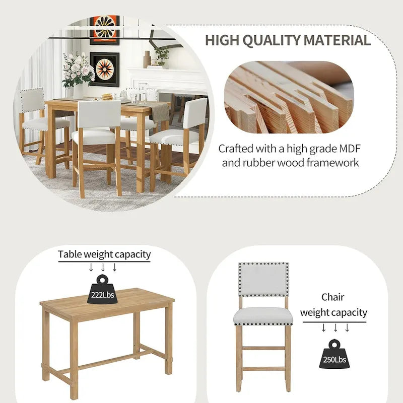 Ensemble de salle à manger 5 pièces, hauteur comptoir, table classique et élégante et 4 chaises en bois naturel lavé